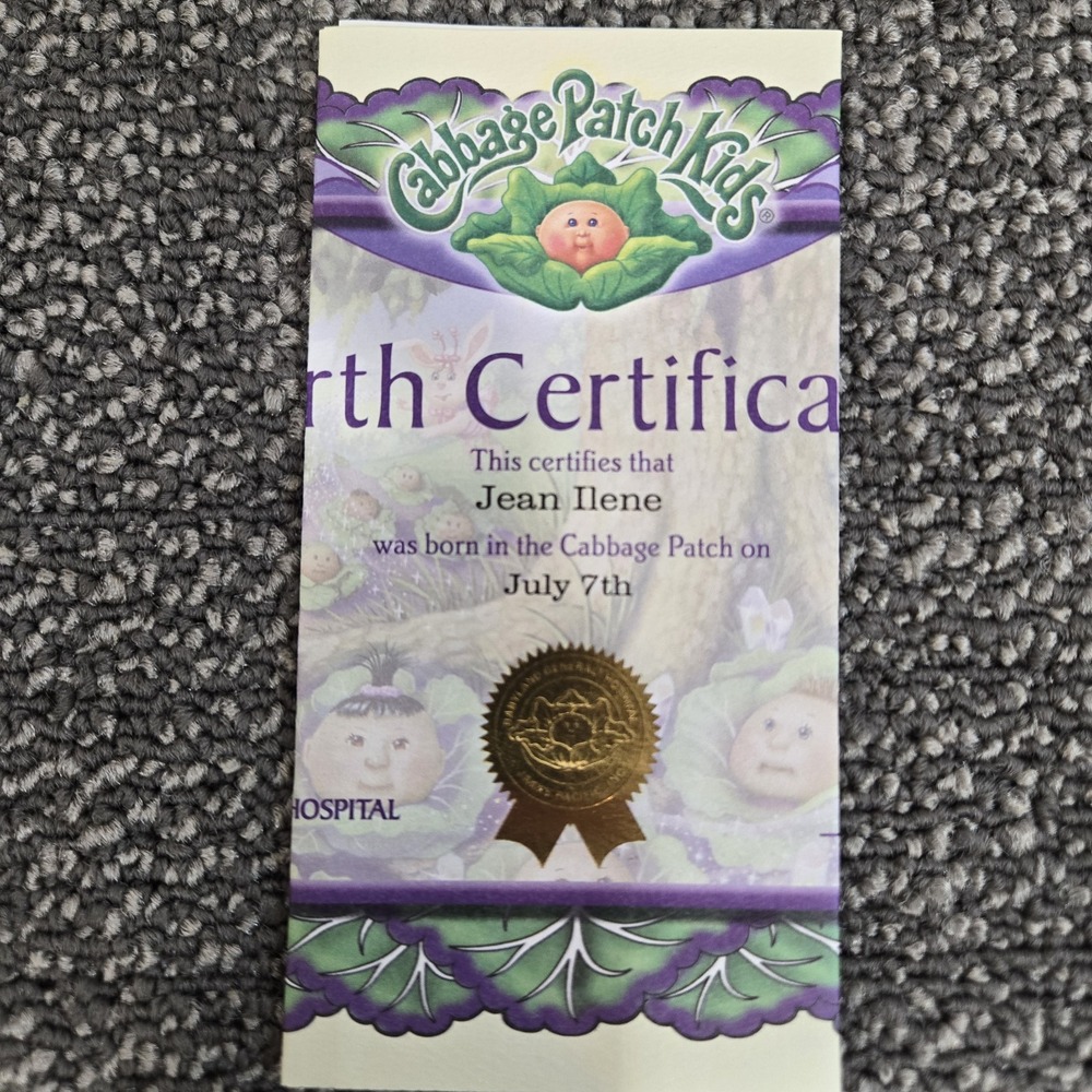 Cabbage Patch Kids Birth Certificate Jean Ilene July 7 Doll Paperwork